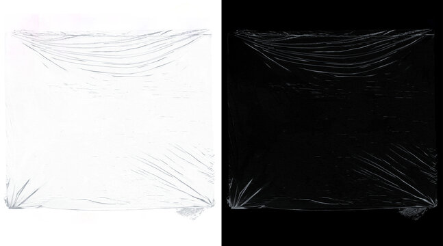 Transparent plastic wrap texture on black and white background, wrinkled polyethylene film overlay, glossy cling wrap material for packaging design