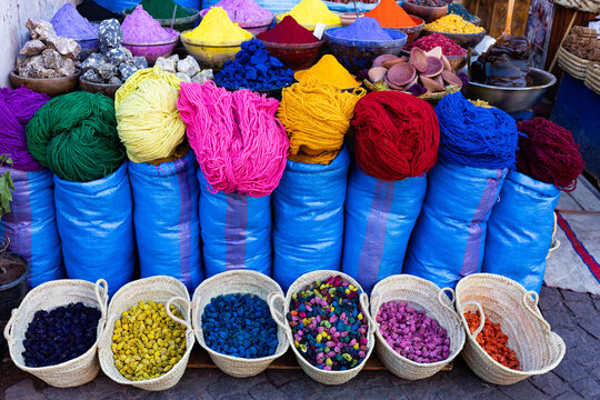 Souvenirs and spices displayed in baskets at Jamaa el Fna market in old Medina, Marrakesh, Morocco