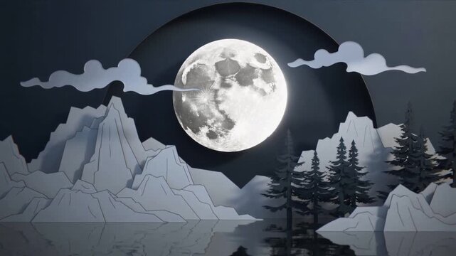 Moving full textured moon forward, brightening after camera push in paper diorama drawing focus