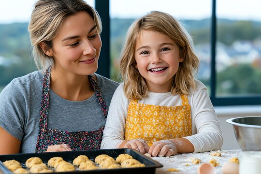 A smiling mother and daughter enjoy baking cookies together in a bright kitchen. The child wears a yellow apron while helping with the dough. It's a joyful bonding moment indoors.