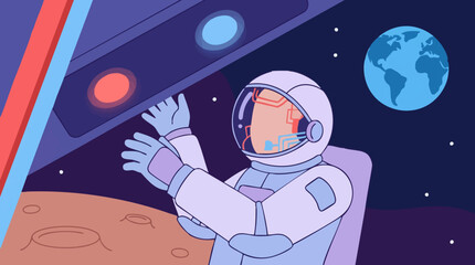Astronaut in futuristic spacecraft observing Earth from lunar surface © RARIF