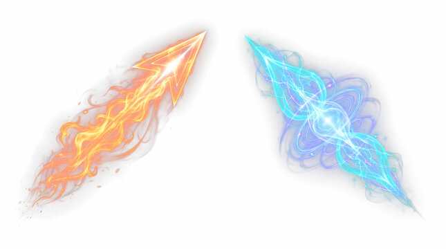 Fiery and icy arrows with dynamic energy trails, powerful glowing orange flames and shimmering blue frost creating magical projectiles.