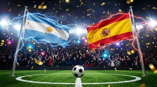 Argentina versus Spain football match rivalry symbolized by flags electric energy stadium crowd confetti celebration sports competition soccer championship event excitement.