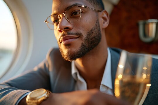 A stylish man enjoys a glass of champagne while sitting in a luxurious airplane, capturing a moment of relaxation and elegance during travel.