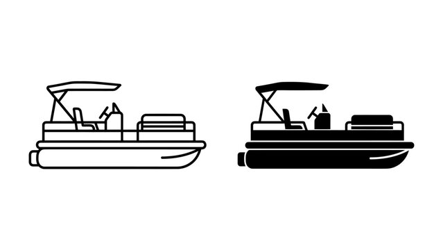 Pontoon Boat Icon Set: Clean and simple line art and silhouette icons of a pontoon boat, perfect for nautical themes, recreational boating, or summer activity graphics.