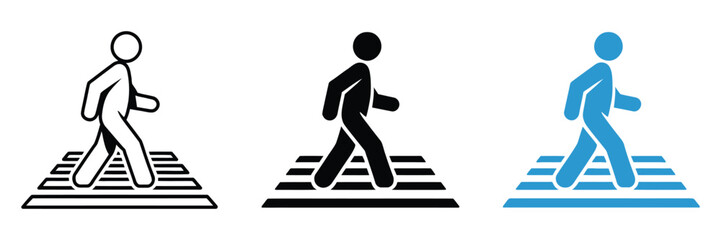 Crosswalk sign pedestrian crossing road icon vector featuring zebra crossing, sidewalk, and human safety symbols for traffic signage ©  