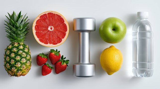Top view of fresh fruits, a dumbbell, and a bottle of water on a white background