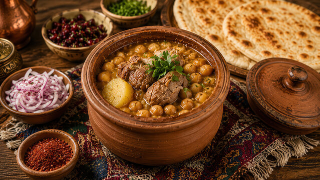 Piti tradizionale fi azerbaigian con carne, ceci, patate e pane. Generative AI 