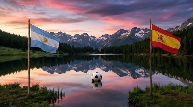Argentinian and Spanish flags wave over serene mountain lake reflecting snowy peaks at sunset with soccer ball floating in water.