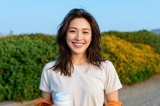 Smiling woman enjoying a sunny day outdoors, holding a cup with greenery in the background. Casual attire reflects a relaxed mood and connection with nature.
