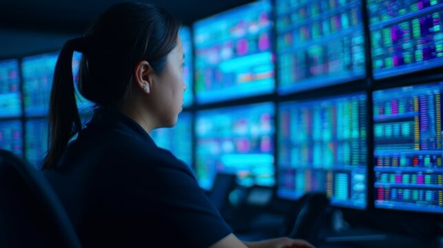 AI driven operations, A woman analyzes multiple digital stock market charts and financial data on several large monitors in a dark room.