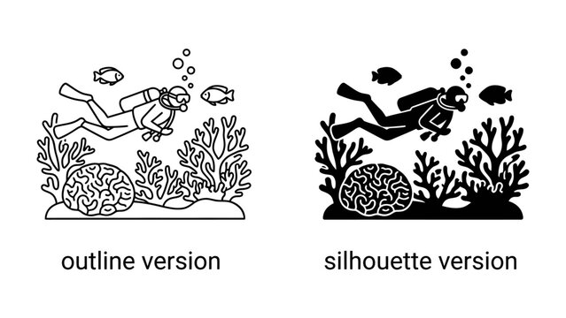 Scuba diver and coral reef icons: A set of outline and silhouette icons depicting a scuba diver exploring a vibrant coral reef with fish and bubbles.