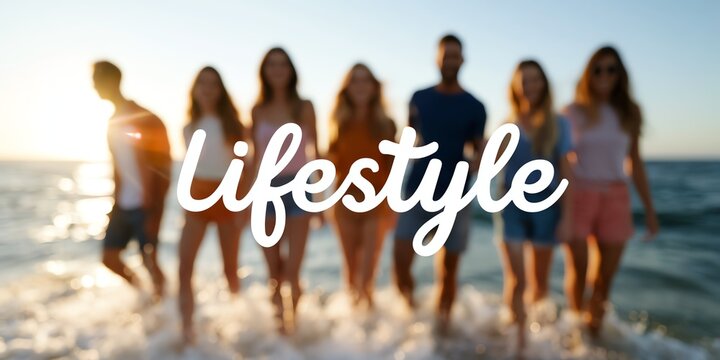 A group of friends enjoy a sunny day at the beach, walking by the shore with waves gently crashing