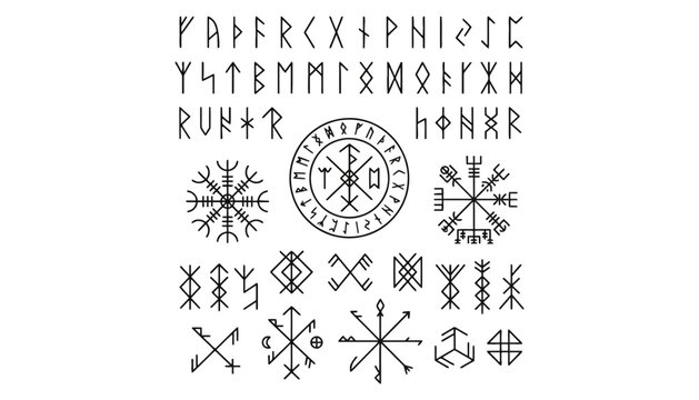 Viking runes and symbols set ancient lettering with alphabet