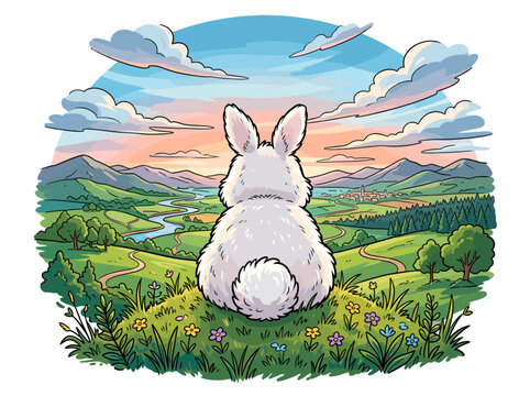 vector Fluffy white rabbit sits on a grassy hill overlooking a picturesque valley at sunrise with rolling hills and a winding river Isolated on transparent background