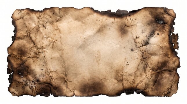 A heavily textured aged and burnt parchment paper with rough torn edges and a deeply distressed crumpled surface showcasing historical