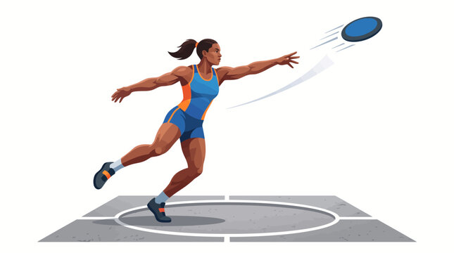 Dynamic illustration of a powerful female discus throw athlete in the moment of release, showcasing incredible strength and precision within the throwing circle during a track and field event