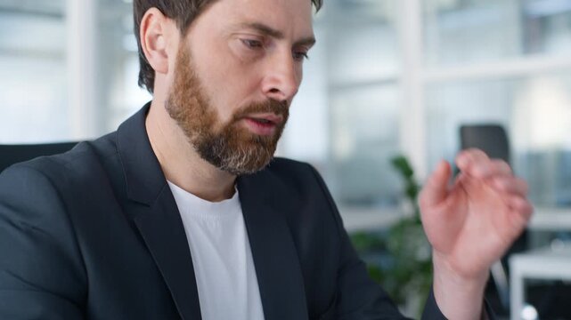 Overworked Caucasian adult business man feeling headache typing laptop unhealthy male suffering with migraine symptom working computer middle-aged businessman work feel head pain pressure in office