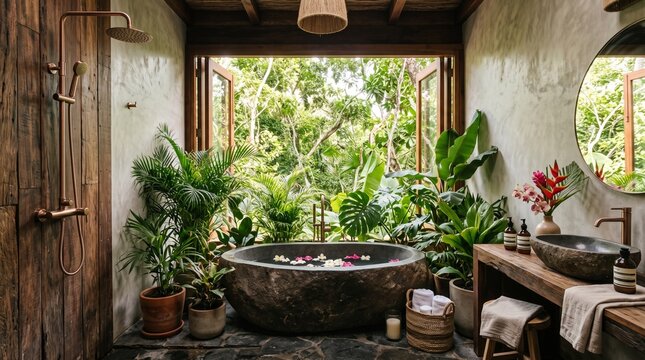 Luxury Outdoor Tropical Spa Bathroom with Stone Soaking Tub