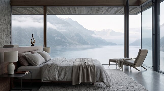 Luxury Bedroom with Mountain Lake View