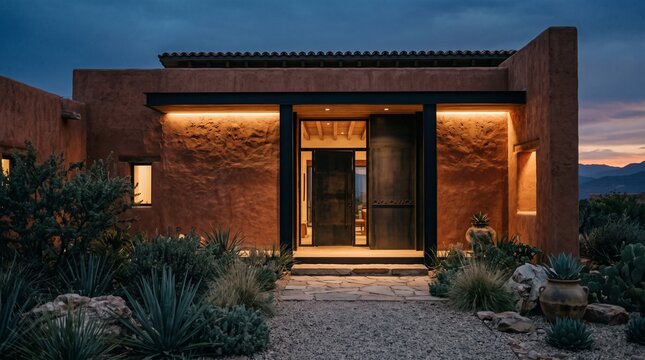 Modern Desert Home at Dusk with Warm Lighting