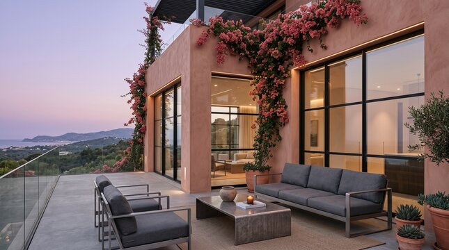 Luxury Terrace at Sunset with Flowering Vines and Sea View