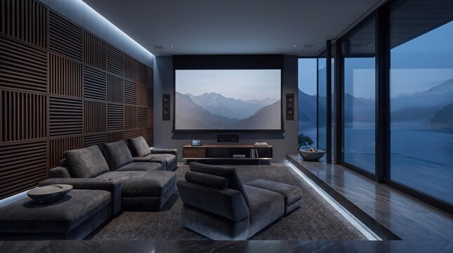 Modern Home Theater Room with Mountain Lake View