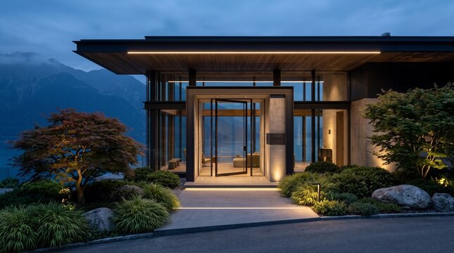 Modern Luxury Home Overlooking Mountain Lake at Dusk
