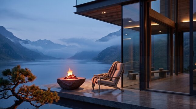 Luxury Lakeside Retreat at Dusk with Fire Pit