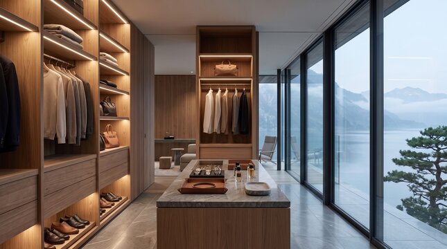 Luxury Walk-In Closet with Mountain Lake View
