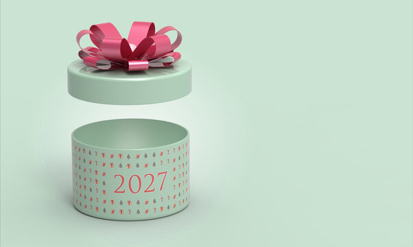 Open mint green 2027 New Year gift box with pink metallic ribbon bow 3d render
