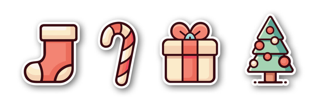 Cute Christmas icon set with minimalist winter holiday elements including candy cane, gift box, xmas tree and stocking on white background.