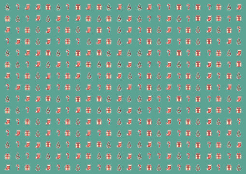 Cute Christmas icon set with candy cane, gift box, xmas tree and stocking on green background.