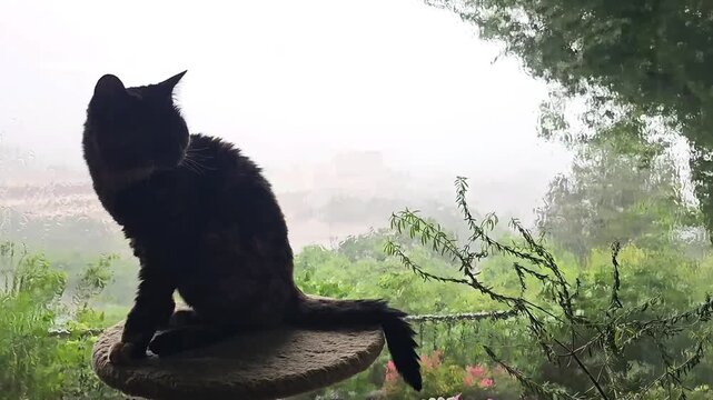 Black cat scratching ear while sitting on cat tree indoors during typhoon. Heavy rain and strong wind bending trees outside the window, stormy weather, pet watching extreme weather safely from home