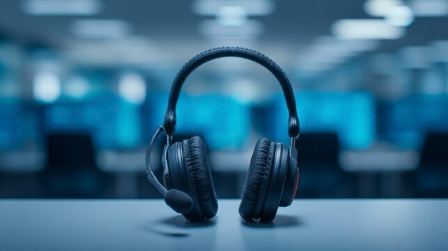 AI driven operations, A sleek black headset with a microphone stands on a reflective surface in a blurred, modern office environment.