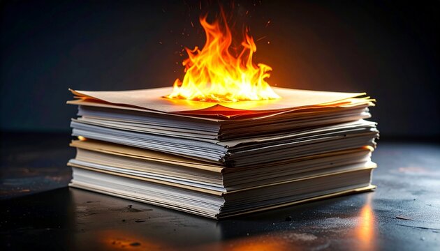 Burning documents and paperwork with intense flames. Stack of files igniting on fire for destruction or disposal.