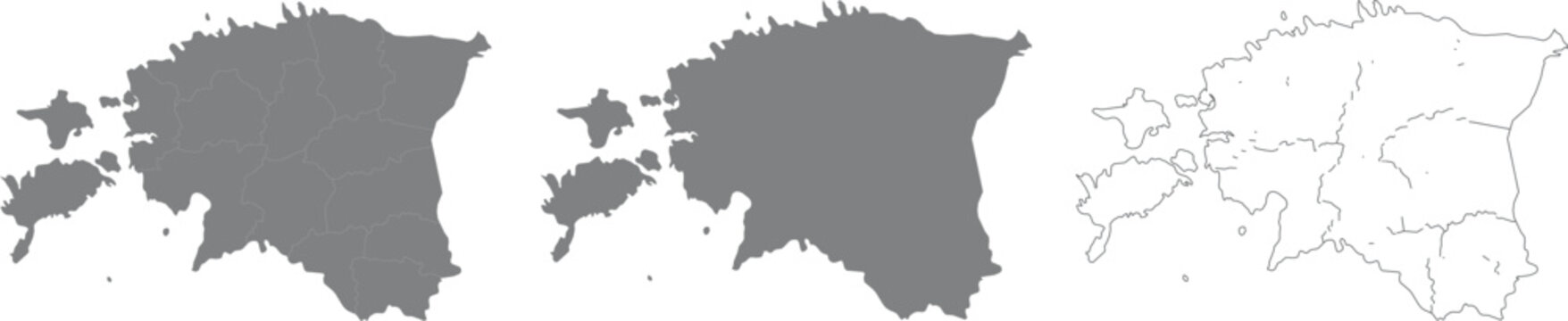 Set of estonia country map silhouettes and detailed outline with regions illustration