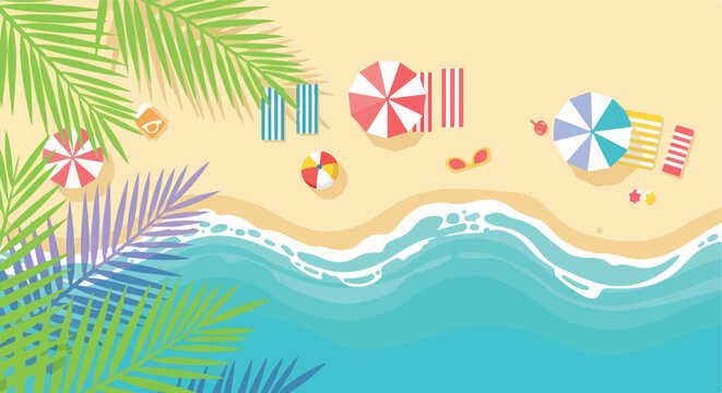 Top view of a tropical beach with umbrellas, towels, and waves.