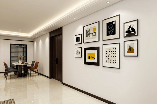 Minimalist living room with clean lines. Beige sofa faces framed abstract art.