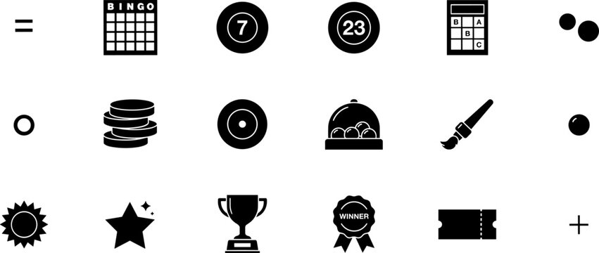 Bingo Game Icon Set with Card, Ball, Chip, Bell, Dauber, Trophy, Winner Medal, and Ticket Symbols for Casino Design