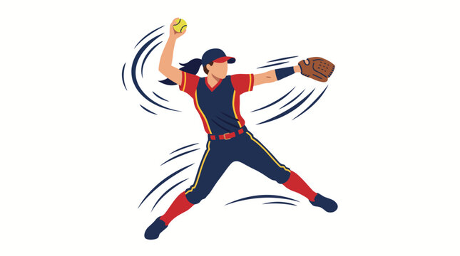 Female baseball player throwing ball with glove on hand in action