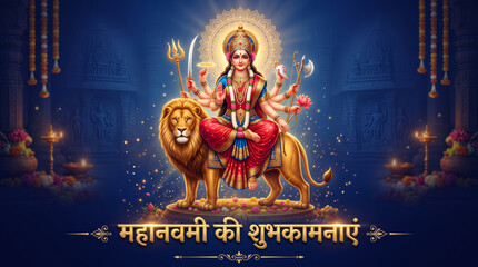 Obraz premium Goddess Durga Sitting on Lion for Maha Navami Festival Greeting Banner with Divine Halo and Temple Background