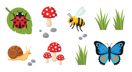 Fototapeta premium Cute Insects and Nature Elements. Ladybug, Bee, Butterfly, Snail, Mushrooms, Grass, Stones. Flat Design.