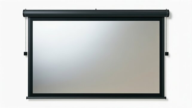 Blank projector screen with a black frame on a white wall