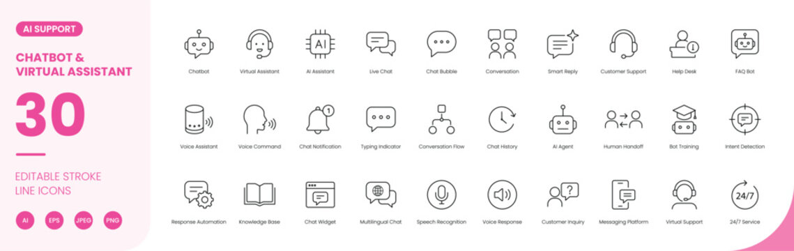 chatbot virtual assistant icon line style customer support editable stroke vector set