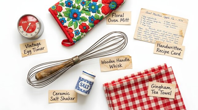 A flat lay of vintage baking accessories including a whisk, egg timer, oven mitt, salt shaker, and recipe card, evoking a sense of nostalgia and homemade goodness