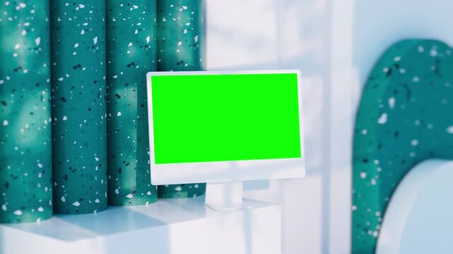 Computer monitor mockup with a green screen rests on a white pedestal surrounded by vertical teal textured pillars.