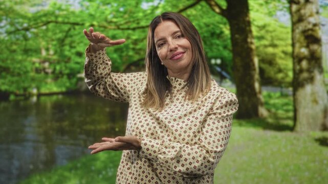 Woman middle age hispanic smiling with open palms framing an invisible object by a pond amid green trees in forest; serenity.
