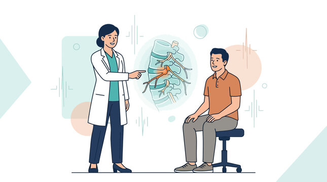 Doctor Explaining Spinal Disc Issue to Patient - Medical Illustration