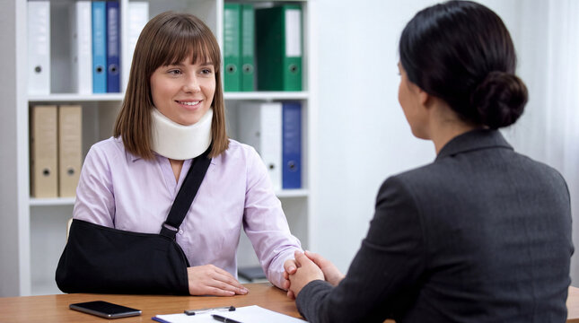 Woman with arm in sling and neck brace consulting with a professional in an office setting, documents and shelves visible in the background